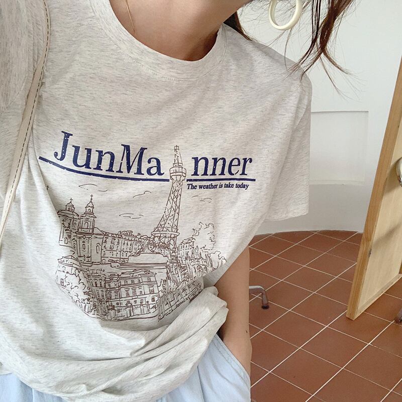 ラウンドネックプリントTシャツ シャツ サマー薄手ルーズ レッド 夏物 Oネック ビッグFスモールZ韓国52931339048