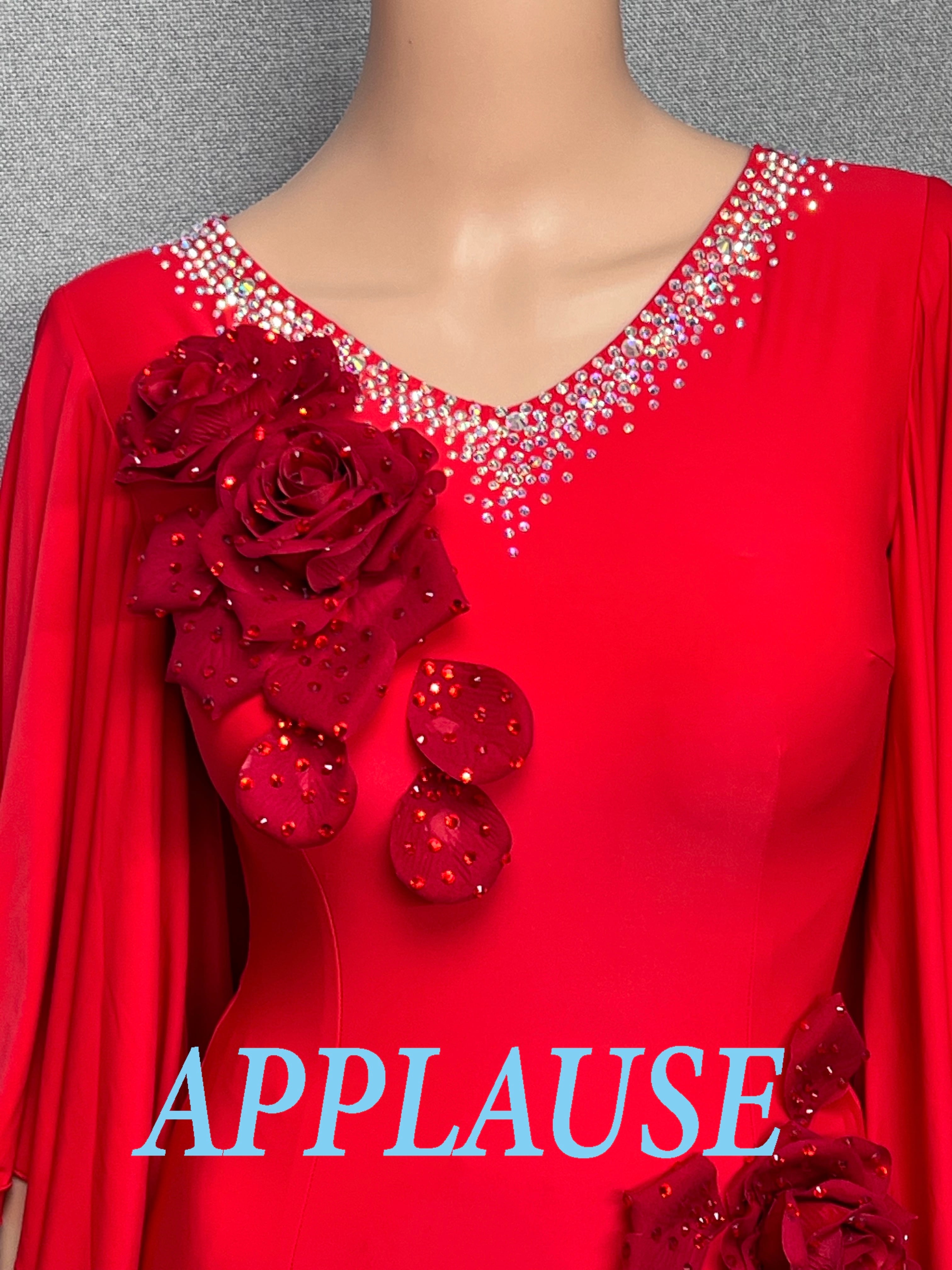 【新着】社交ダンス ドレス　モダン　スタンダード ドレス　ST-26-４　レッド（バラ）　M〜L　デモ・競技用ドレス　発表会　衣装　パーティドレス　ワンピース　舞台衣装