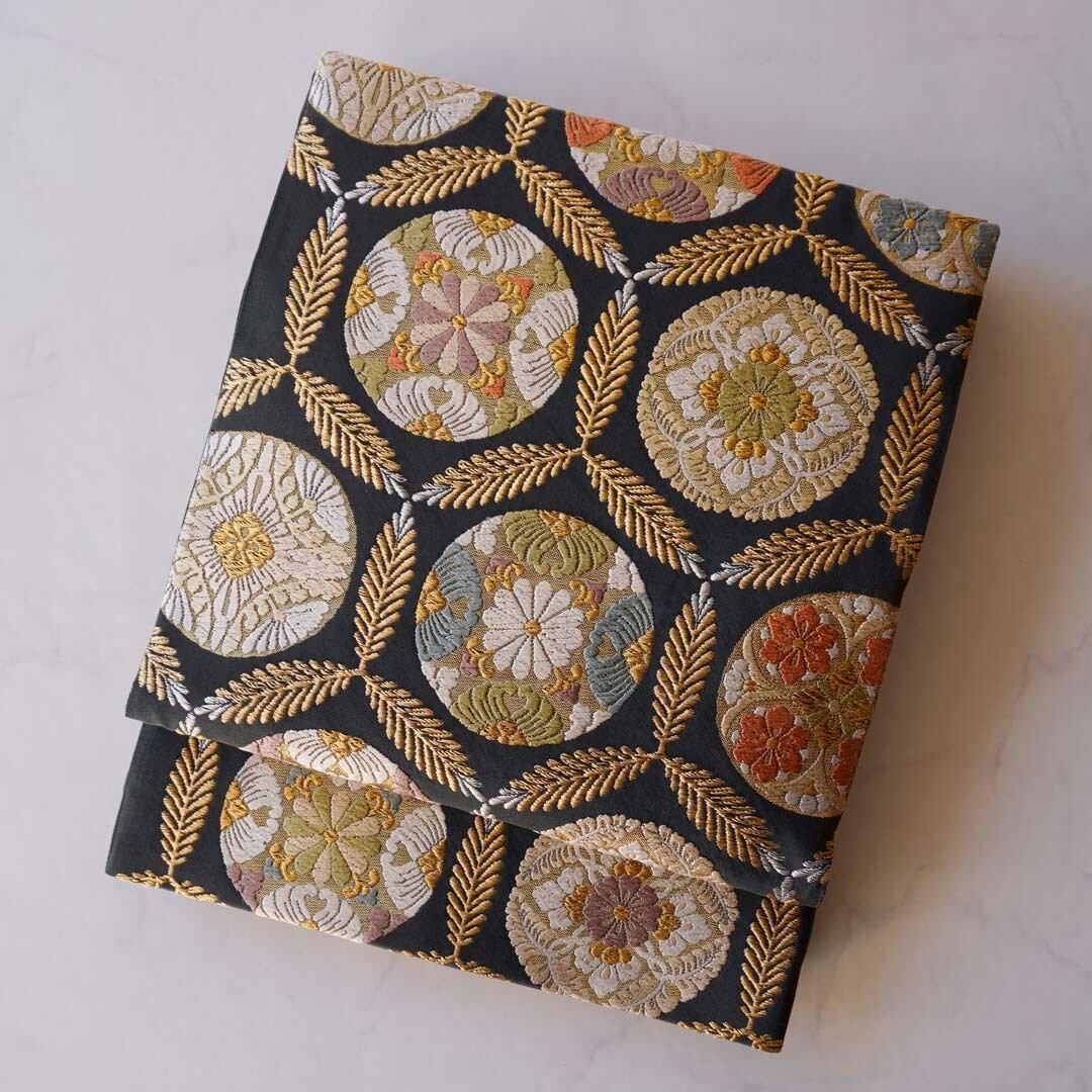 【ふくろ帯】洛陽織物 檳榔子染色地 唐華丸文 ふくろ帯