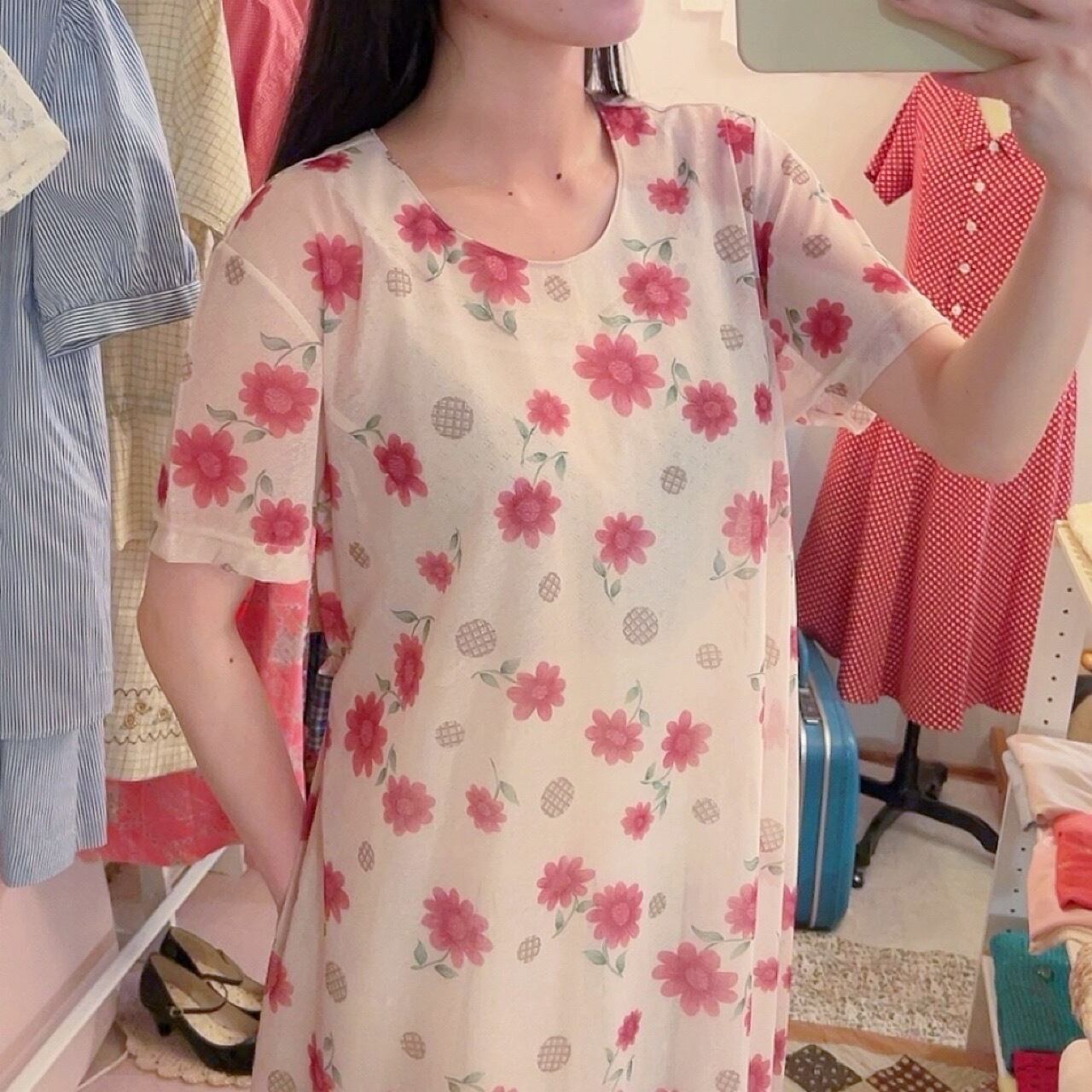 flower and check dot sheer one-piece