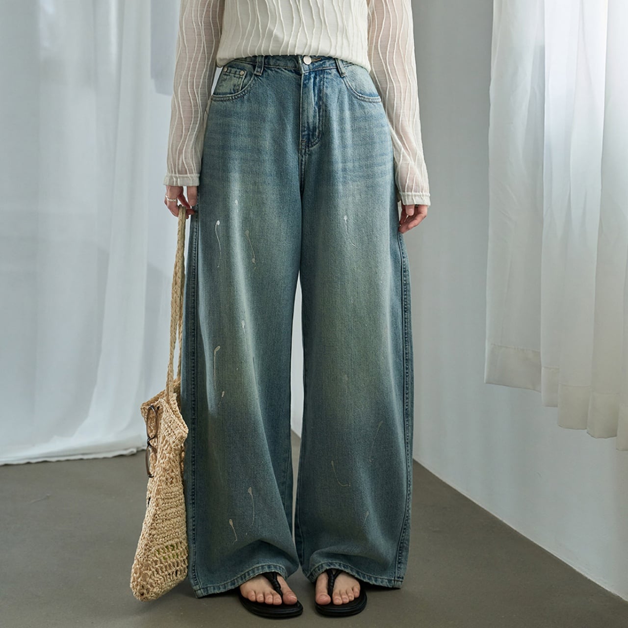 スプラッシュペイントウィスカーワイドデニムパンツ A02123