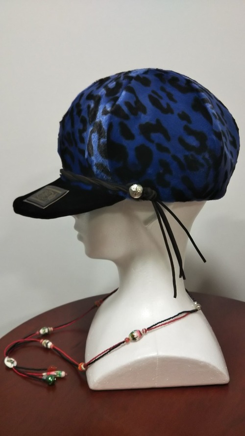 ブルーレオパード柄のキャスケット ハンドメイド