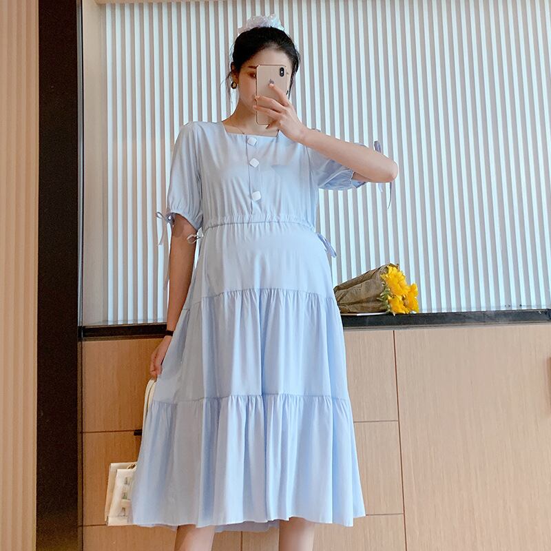 【新作】【送料無料】 マタニティウェア2020夏の新しいスタイルのコットンとリネンボタンのルーズファッションドレス、トレンディなマザーミドル丈マタニティドレス-アリババ サマー 夏物 expec240373365751