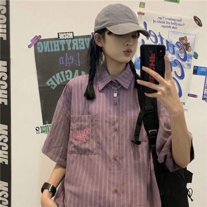 サマーカジュアルストライプシャツレディースルーズ刺繍 夏物 ケッペル52301074214