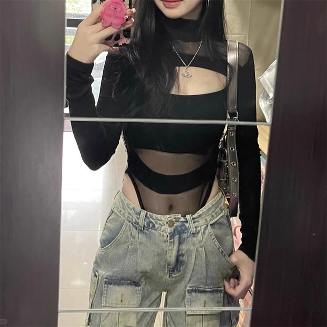 トップス セクシー 透かし彫り レース ボディコン ボディスーツ ブラック S M L