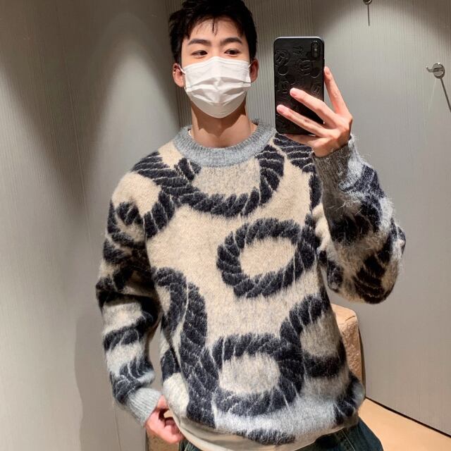 【予約販売】ニット セーター ロープ柄 起毛 メンズ グレーラウンドネック オーバーサイズ こなれ感 ストリート お洒落 韓国 トレンド 秋冬 S/M/L/XL