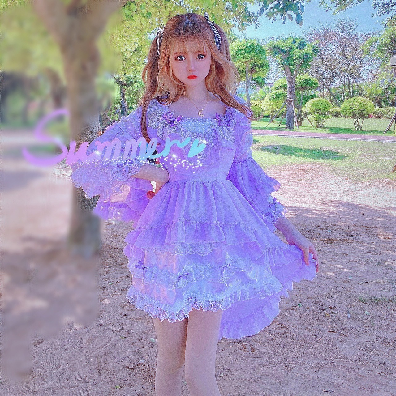 パープル 紫 リボン フリル ガーリー ワンピース | LOVEYsmileSHOP