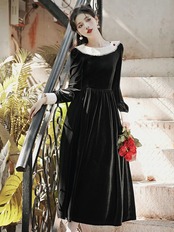 【0102】Retro Black Velvet Long Sleeve Dress