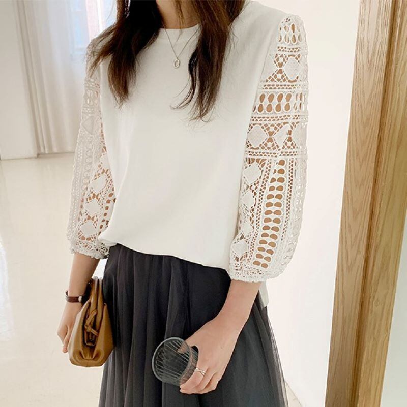 袖レース トップス レディース トップス レース 七分袖 ラウンドネック レディース 切り替えトップス 袖切り替えトップス パフスリーブトップス カットソー Tシャツ 春新作 春 春服 夏新作 夏 夏服 春夏 新作 ブラック 黒 ホワイト 白 グレー ピンク P22 Kirari きらり
