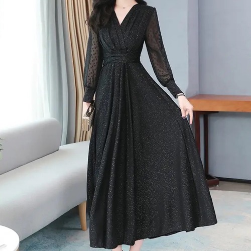 ［M,L］シャイニーブラックドレス