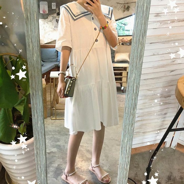 レディース ワンピース 膝丈 ワンピース 半袖 セーラーカラー 膝丈 ハイウエストスカート ティアード ロゴ マリンコーデ 夏 カジュアル きれいめ おしゃれ 可愛い ガーリー ホワイト ピンク イエロー Hf Haru Meets Foo