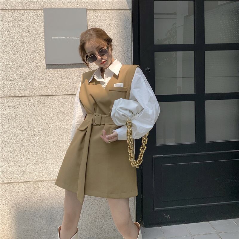 長袖シャツベストドレスツーピース女性秋バージョン2020新しいロイヤルシスター気質スーツ ブラックストロベリース49520680714