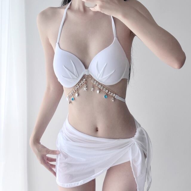 予約販売】水着 ビキニ レディース パレオ 3点セット ビジュー ピンク