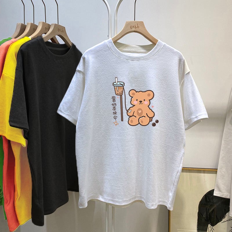 【新作】【送料無料】 ピュアコットン 2022 新しいカジュアル韓国クマプリント白多目的半袖 T シャツ女性のためのルーズなデザイン 03912590854