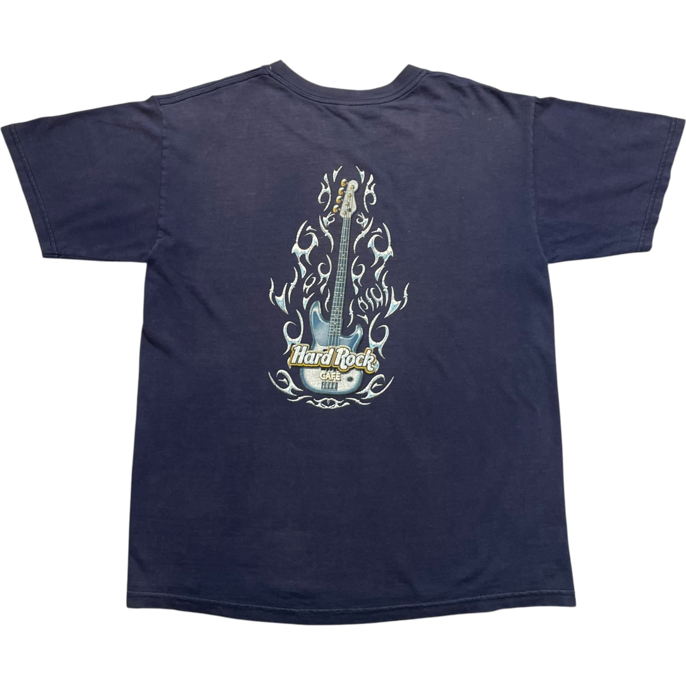 《M》Hard Rock CAFE ハードロックカフェ Tシャツ 両面プリント ギタープリント ダメージ フェード ネイビー no.10508
