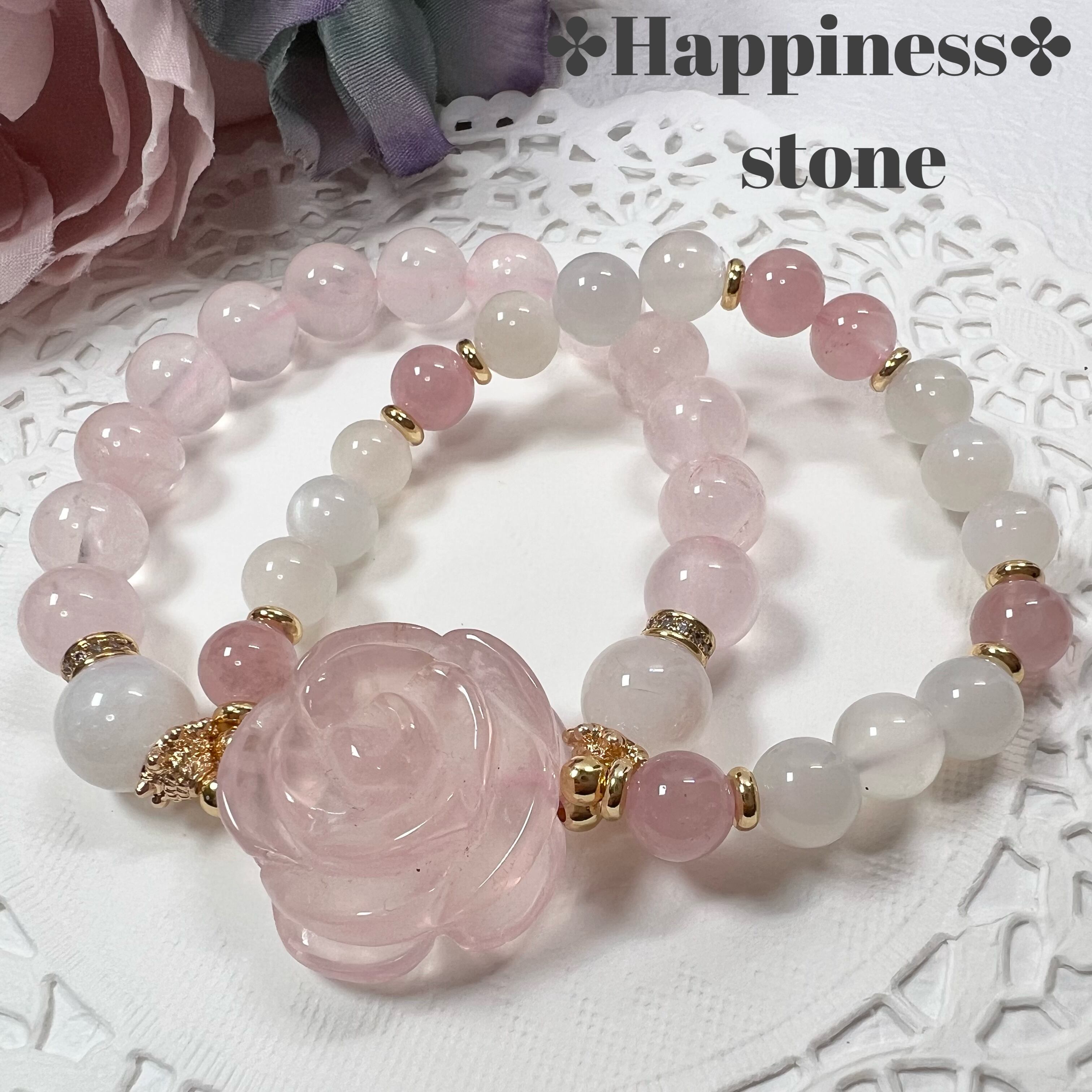 【ローズクオーツお花2連ブレスレット❁¨̮】♥送料無料♥天然石 パワーストーン