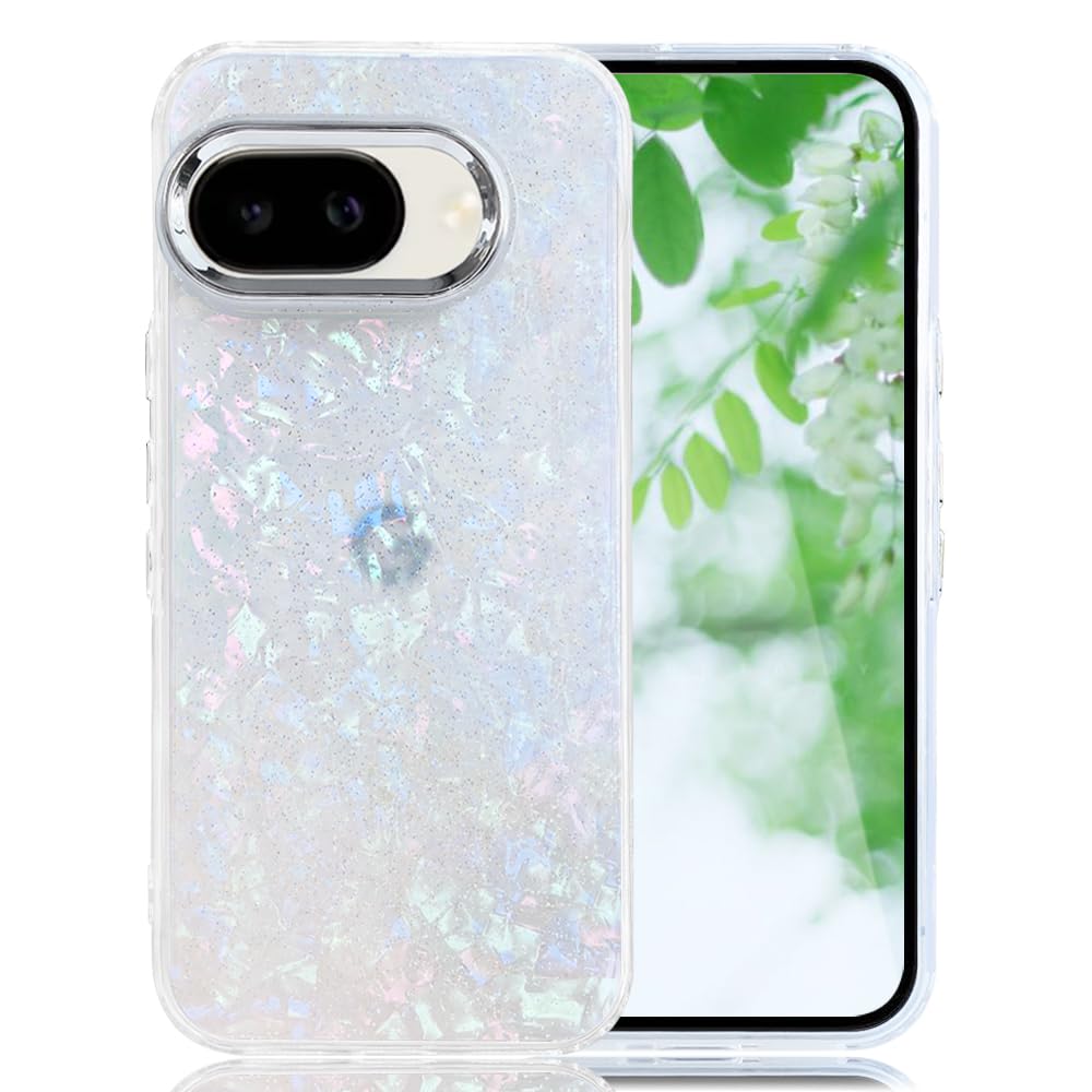 YUYIB スマホケース 対応 Google Pixel 9a クリアケース 透明 キラキラ フラッシュ シェル柄 貝殻柄 かわいい スフとTPU 傷防止背面 滑り止め 衝撃吸収 おもしろい キャラクター ストラップ穴 女性人気 グルピクセル9a 携帯電話カバー (マルチカラー, Google Pixel 9a)
