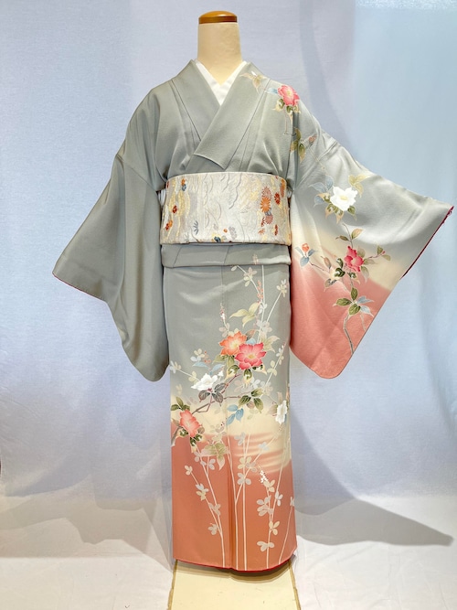 2091 加賀友禅訪問着 袷単品 グレー Kaga Yuzen Houmongi(lined kimono)