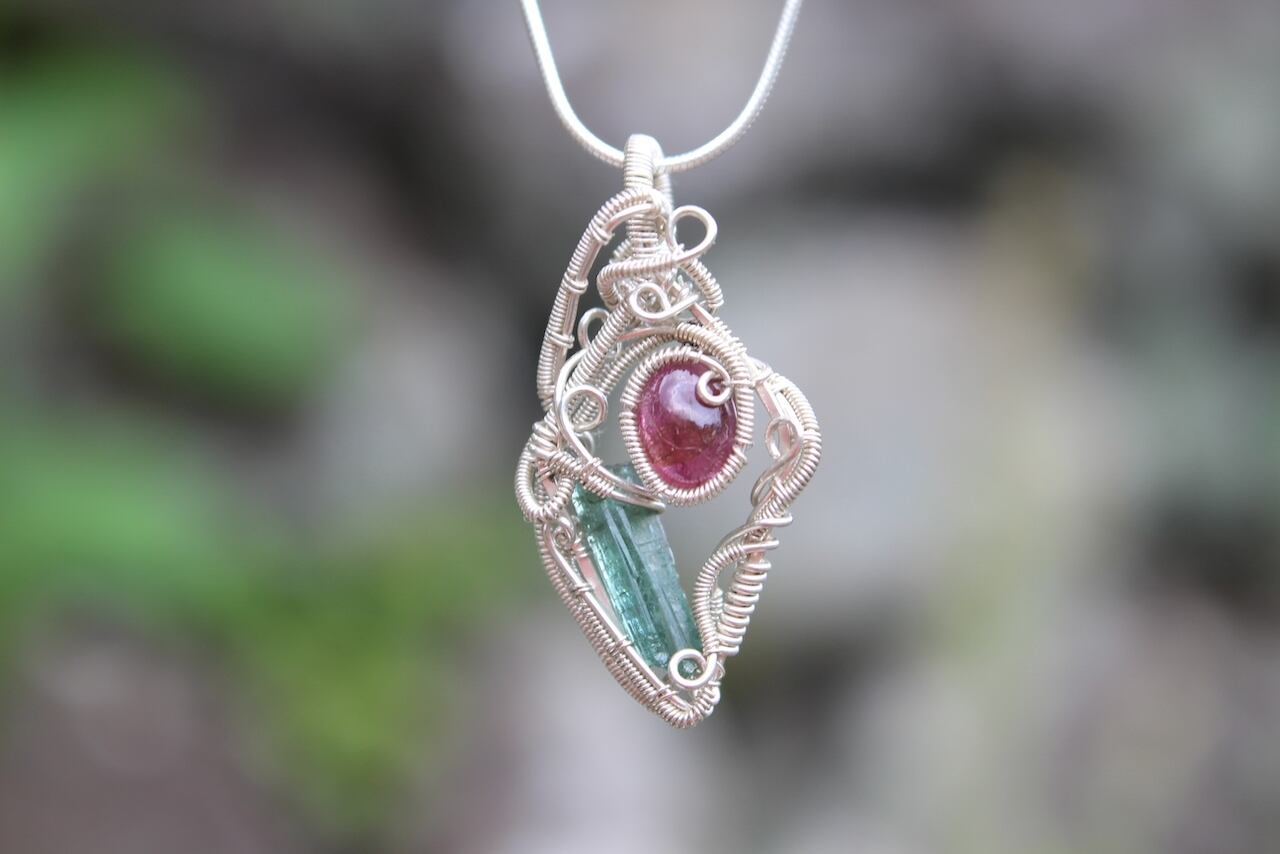 Green & Pink Tourmaline silver925 wire wrapping pendant