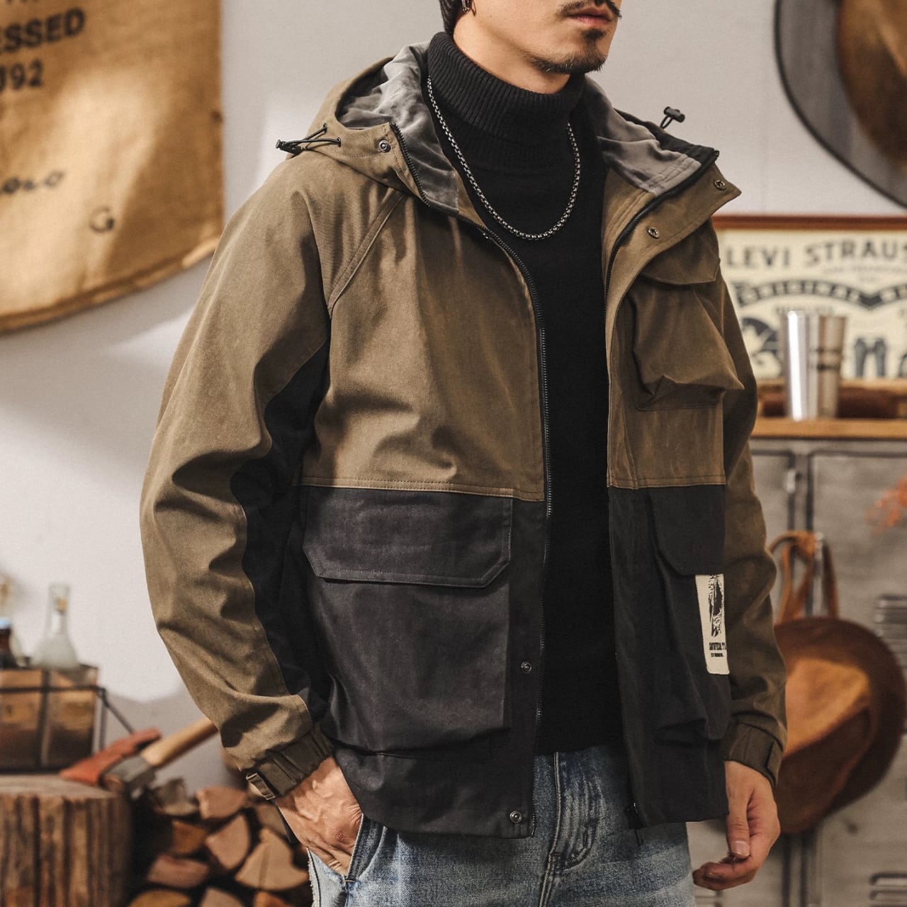 フード付き パッチポケット バイカラー ジャケット 00613