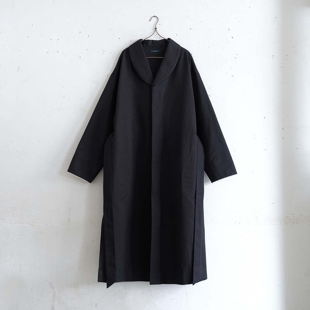 shawl collar slit coat／cotton linen kersey〈black〉