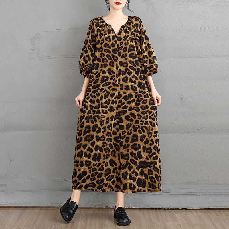 LEOPARD PRINT V-NECK LONG SLEEVE MAXI DRESS M-18165