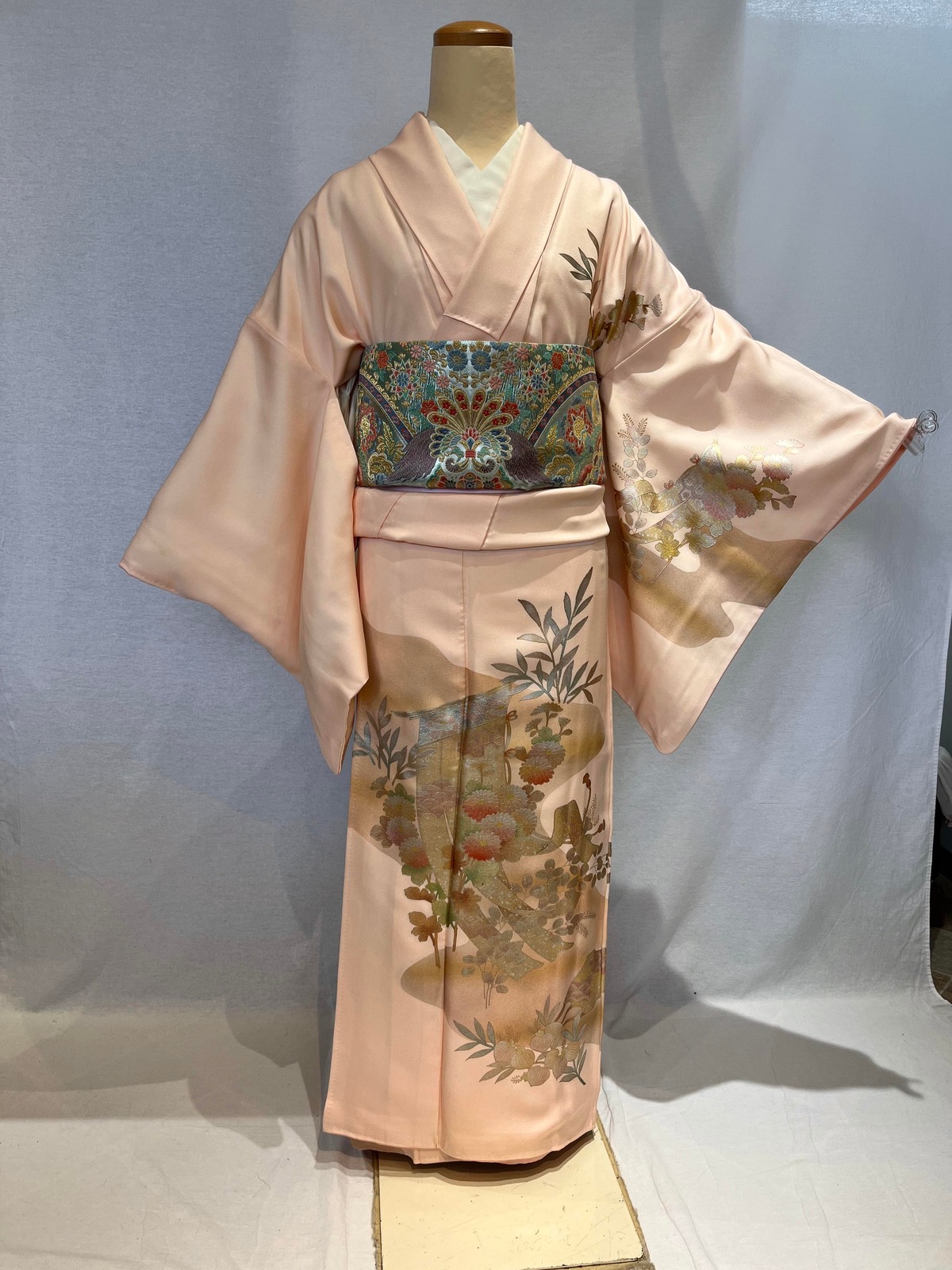 2083 高身長 箔 訪問着 袷 草花文様 几帳文様 薄ピンク Houmongi(lined 