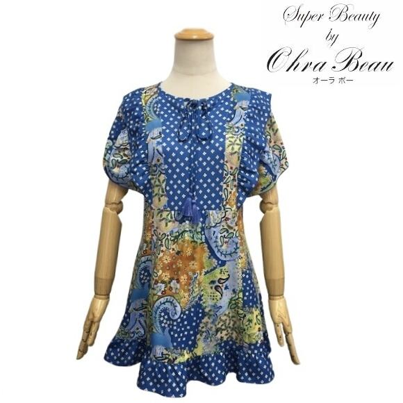 スーパービューティー チュニック パネルプリント 切替 2512025 ブルー 2025年春夏 オーラボー Super Beauty 大人かわいい服 大人スタイル キレイメ レディース アパレル 女性 M L LL 30代 40代 50代 60代