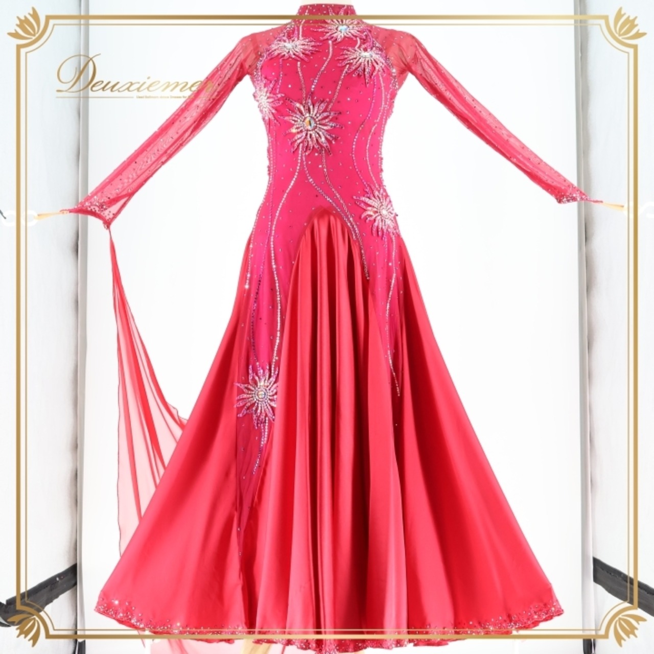 社交ダンス 衣装 チャコット クリスアン 凛舞 Chacott chrisanne 英国製 スタンダード ドレス スタンダードドレス デモ 競技 フロート ピンク パーティ 発表会 ピンク系 スタイル クラシック ウェア 美しい デザイン ダンス衣装 フレア スカート 光沢 上品