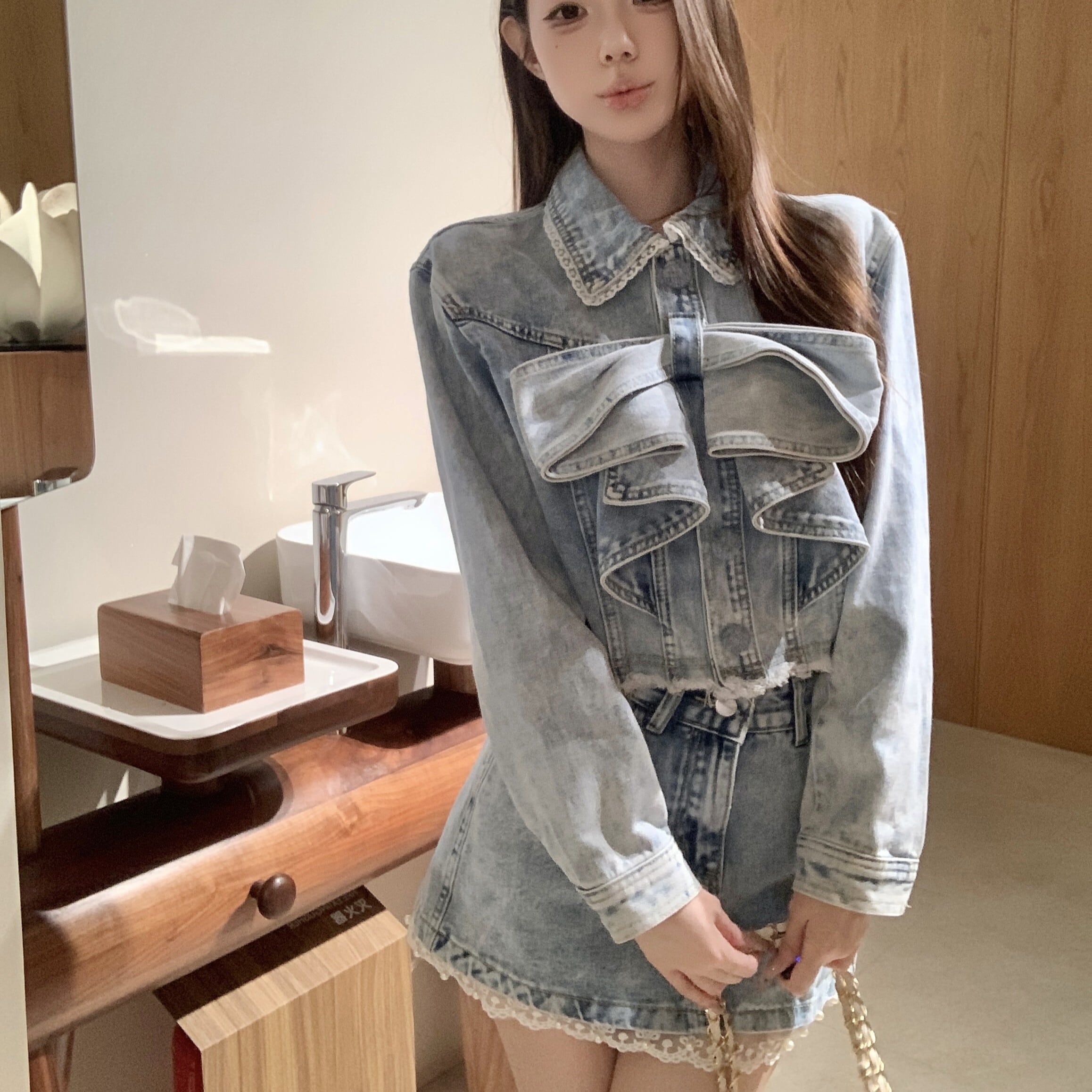 miu miuリボン デニムジャケット Myurina リボンデニムショートジャケット 量産型 miu系穿搭 デニム