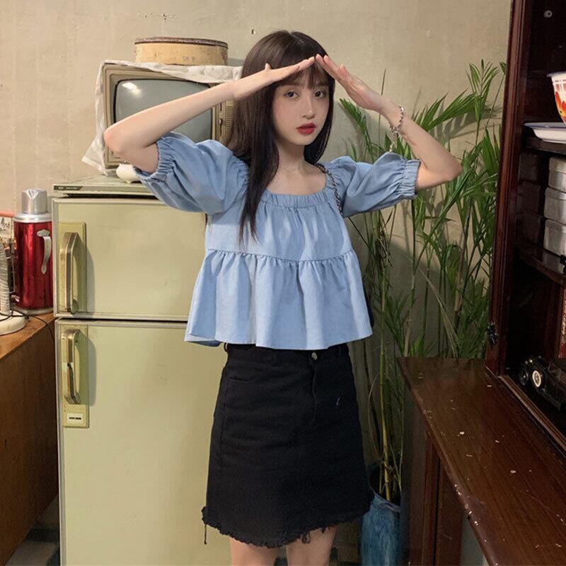 ブルーシャツ サマーブラウス スリムショート 夏物 萌量不足18061925098