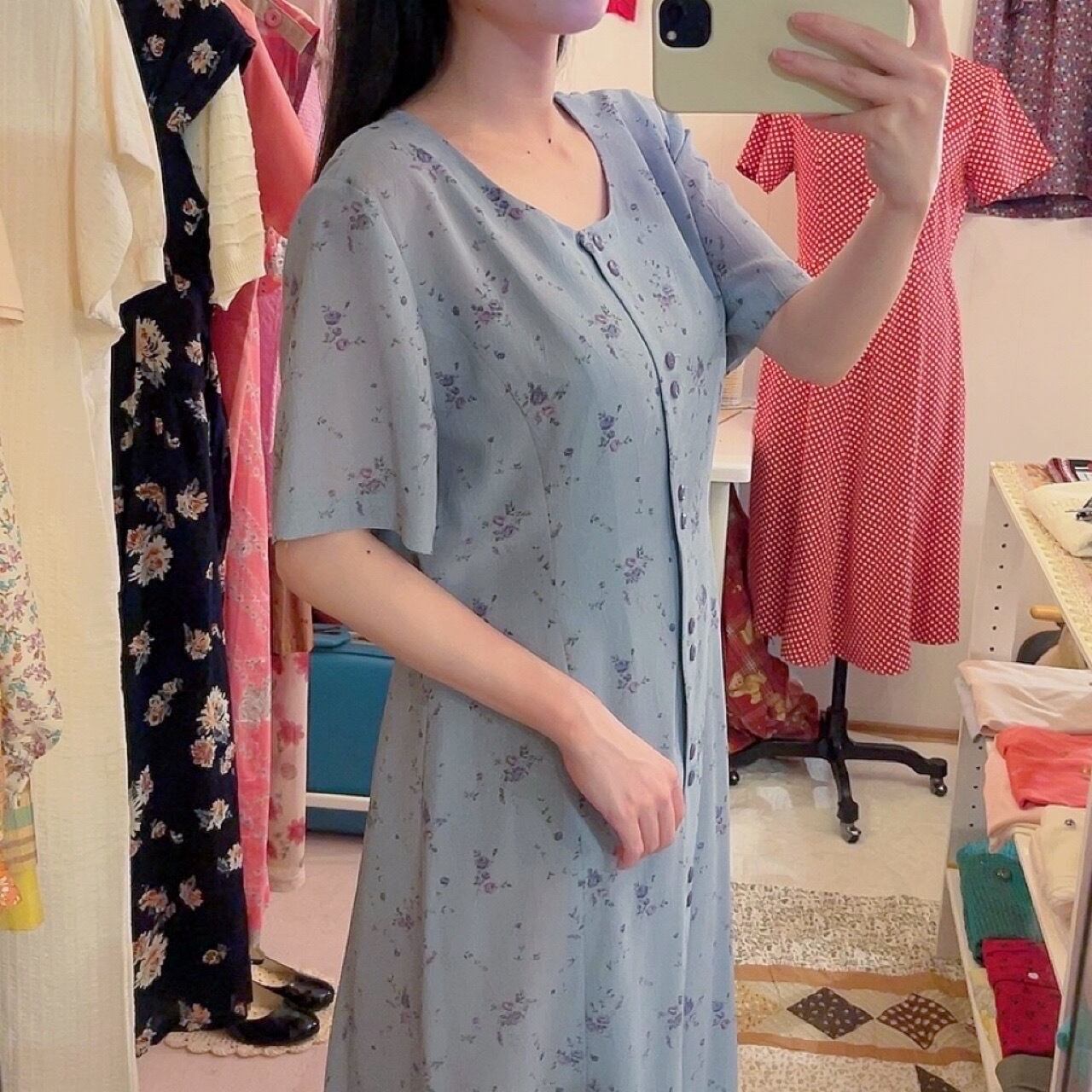 blue purple rose front button one-piece