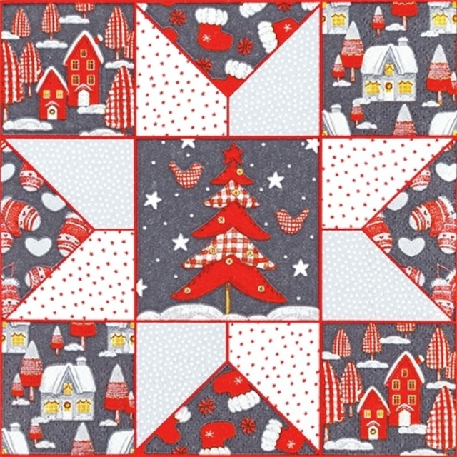 【Home Fashion】バラ売り2枚 ランチサイズ ペーパーナプキン Christmas Patchwork レッド