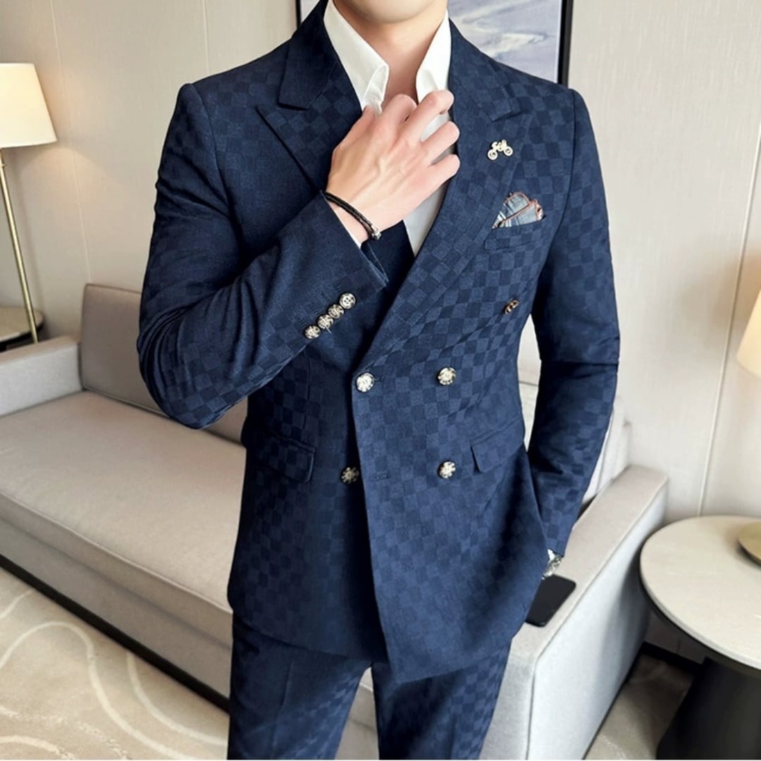 ブロックチェック柄 ダブルブレストスーツ スリーピース 6カラー A2399