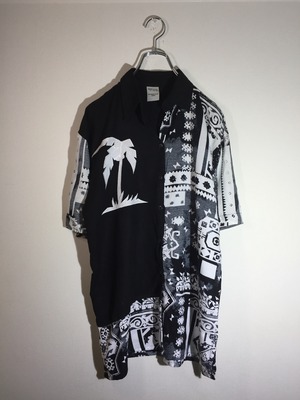 総柄 デザインシャツ 生地切替 ワンポイント刺繍 ボタン逆