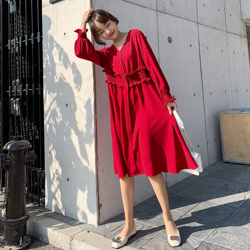 【新作】【送料無料】 マタニティウェア2020春秋新作シフォンウエストリダクションドレスバージョンVネックルーズミドル丈マタニティドレス-アリババ スプリング 春物 オータム 秋物 expec2485406981