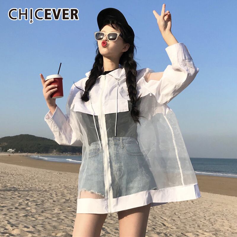 CHICEVERパッチワークパースペクティブレディースジャケットフード付き長袖レースアップメッシュコート2020服 ロング 6base553153442890