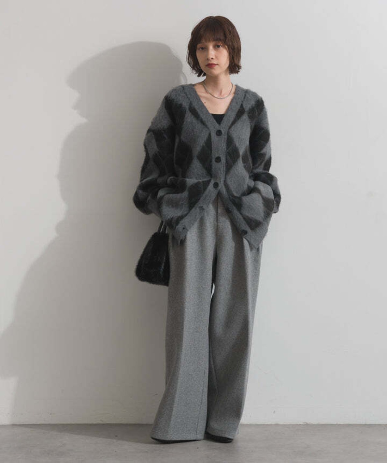 HD2510045 シャギーアーガイルVネックカーディガン gray