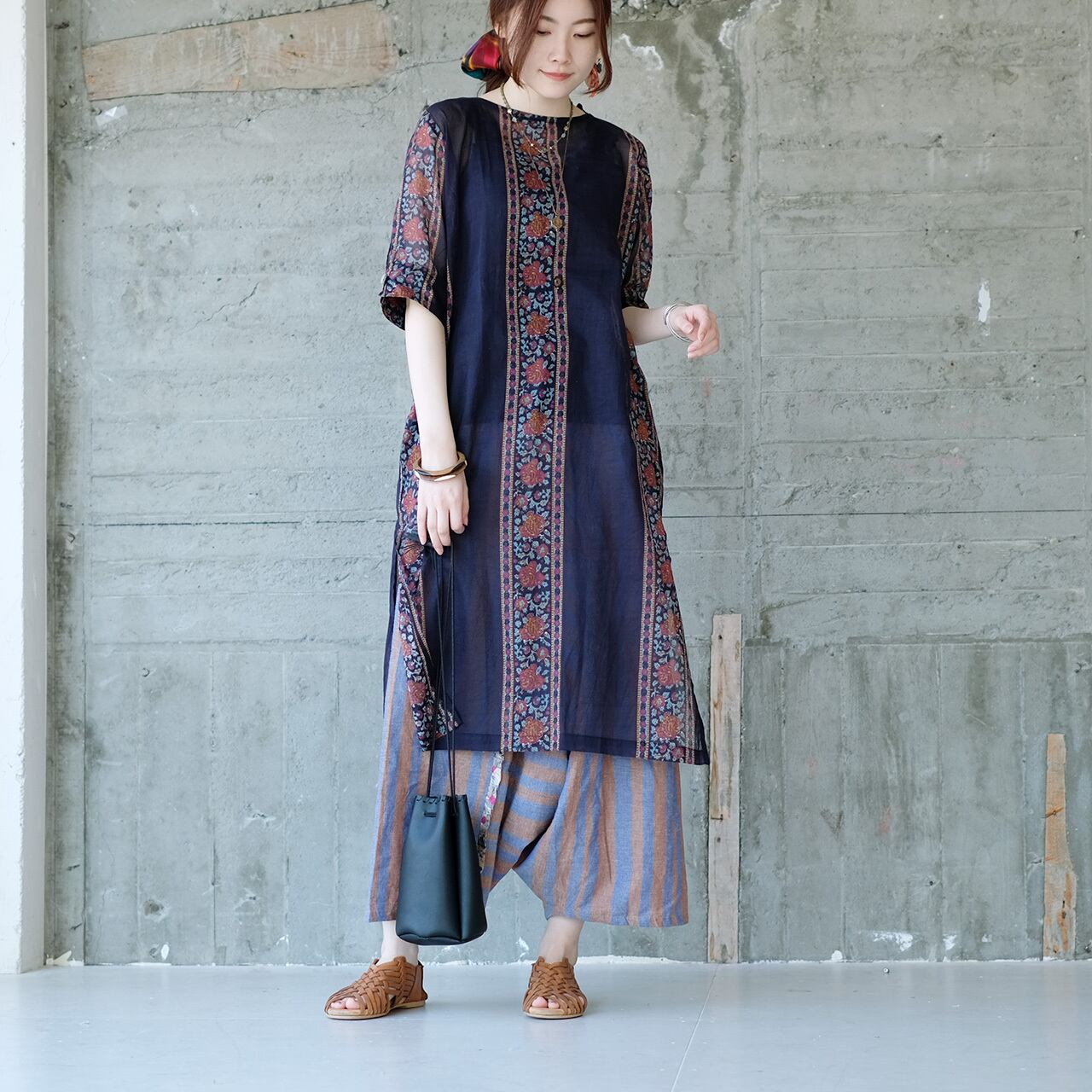 【新色】大人リラックススタイル♪さらっと涼しいクルタワンピース(22s-12)ミッドナイトブルー