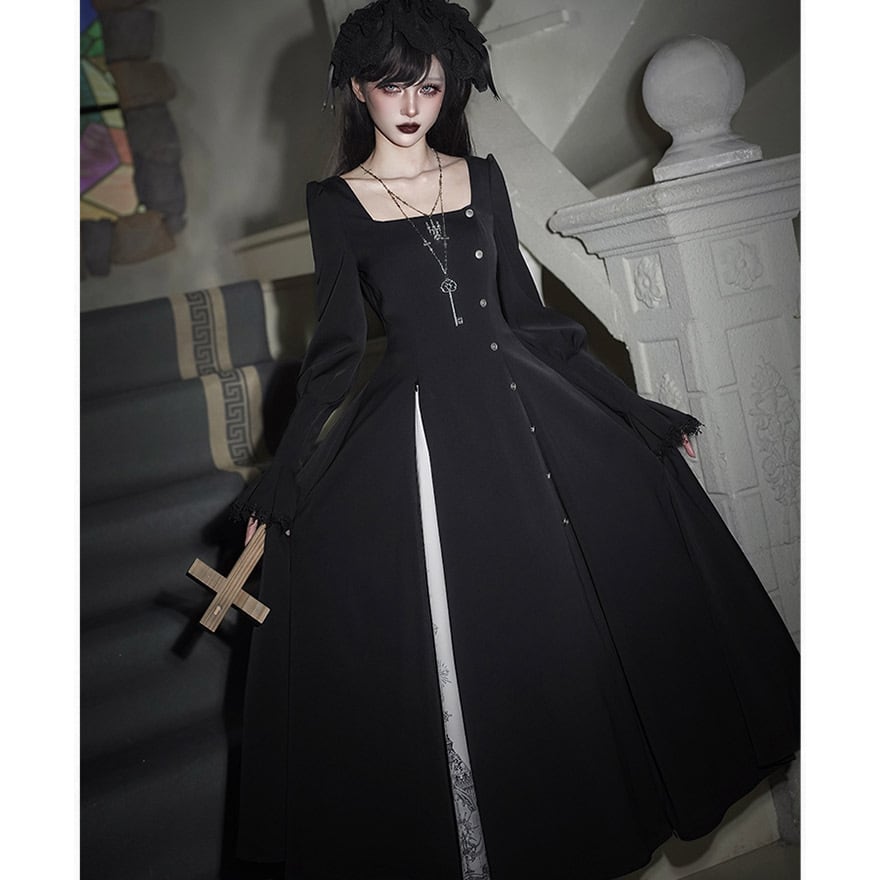 ゴスロリ ワンピース 黒 白 付け襟 ロングドレス 鍵チャーム 4点