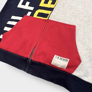 TOMMY HILFIGER DENIM ジップアップ パーカー クレイジーパターン フーディー スウェット プリント 袖ロゴ 切替 刺繍ロゴ L マルチカラー トミーヒルフィガー  US古着