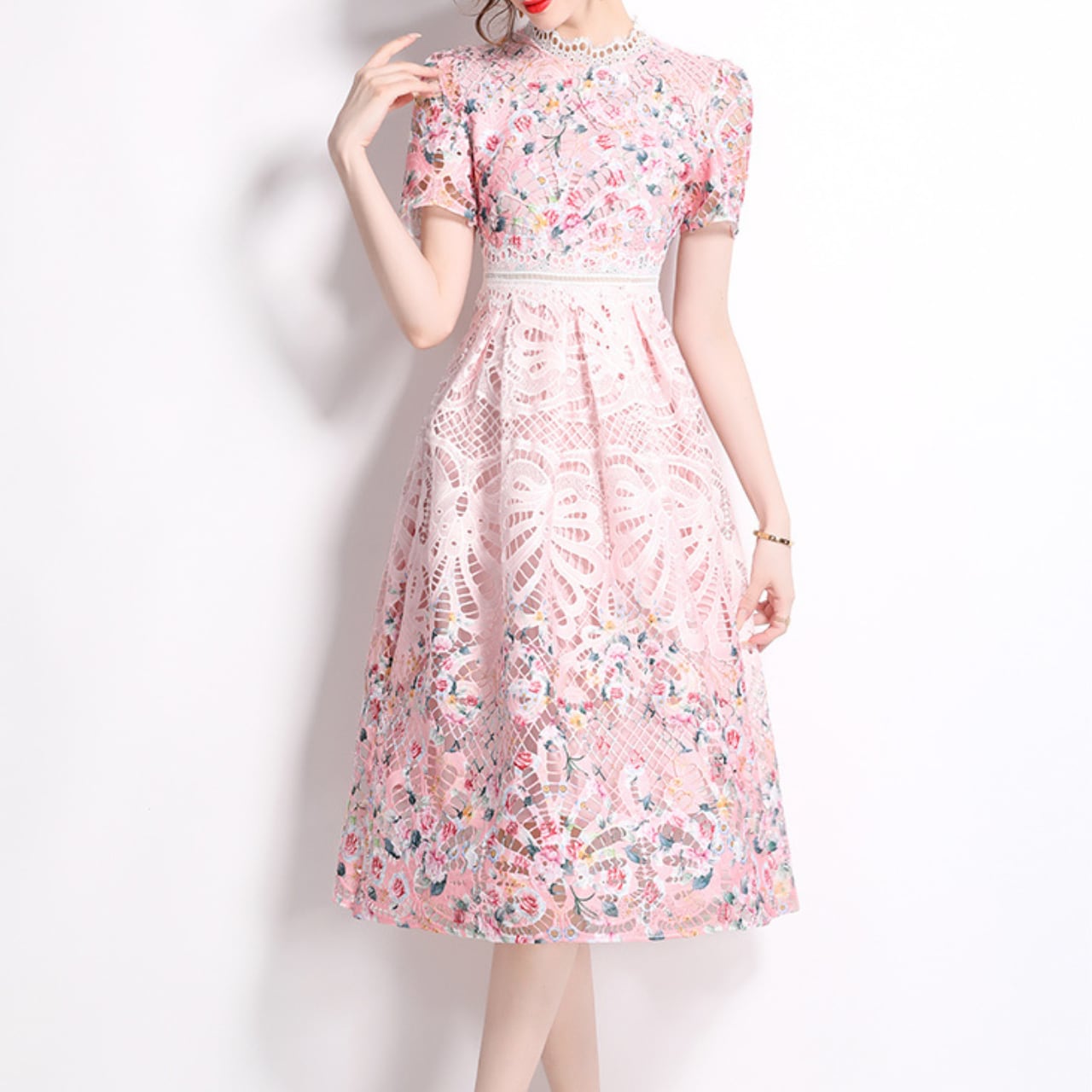 ピンクレース フラワーフィットフレアドレス A4293