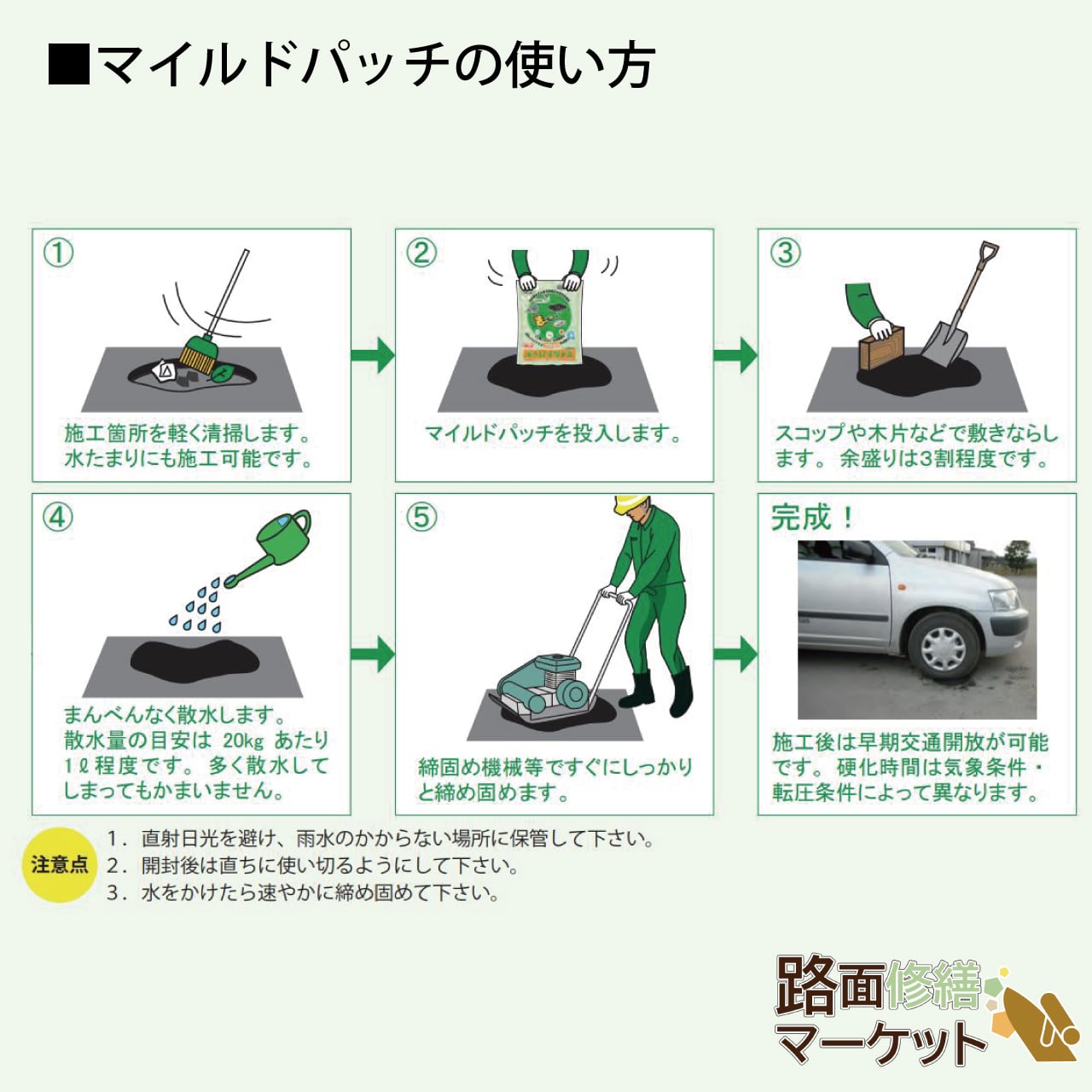 マイルドパッチクリア 5mm 20kg 細粒タイプ 常温アスファルト混合物 雨天施工可能 補修材【前田道路】 アスファルト補修材の路面修繕マーケット