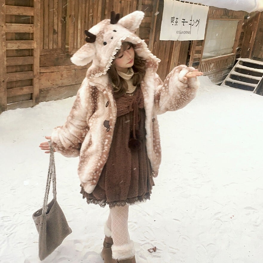 アニマルジャケット トナカイ 冬コート フェイクファー 鹿柄 ホーン