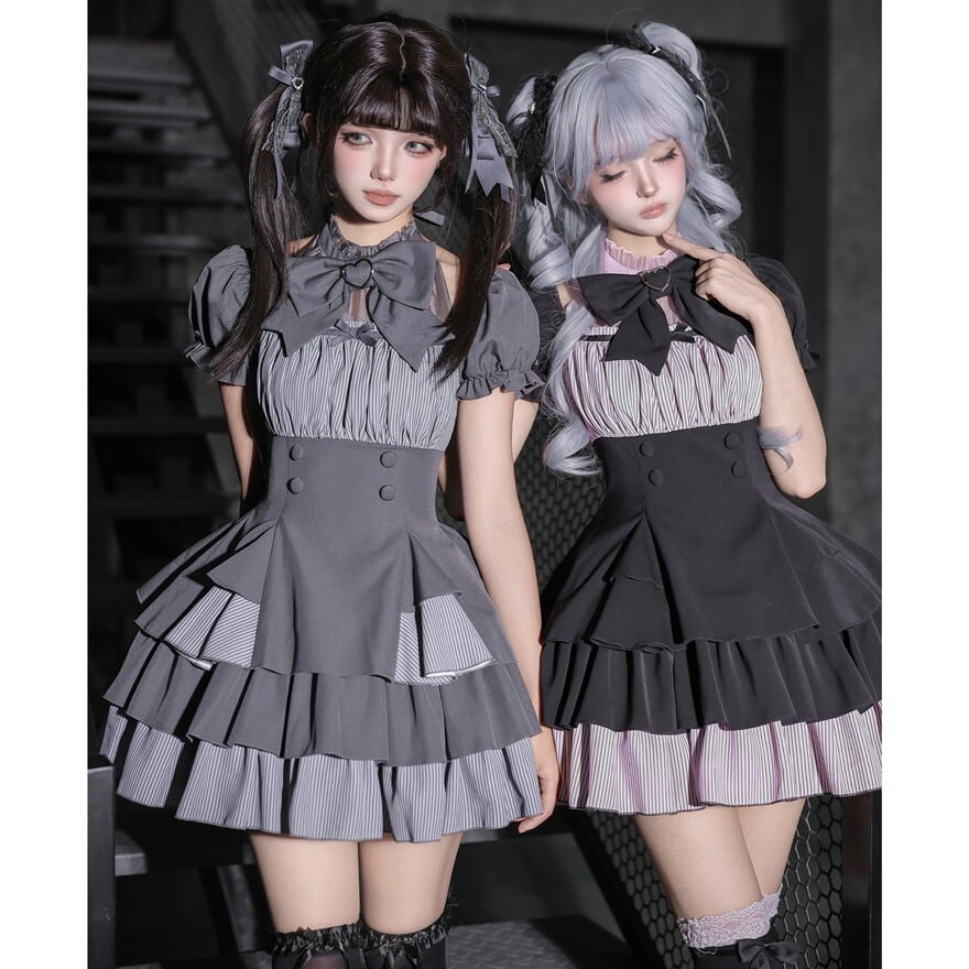 蛍影にほどける黒リボン 三段フリルのダークガーリーワンピース3点