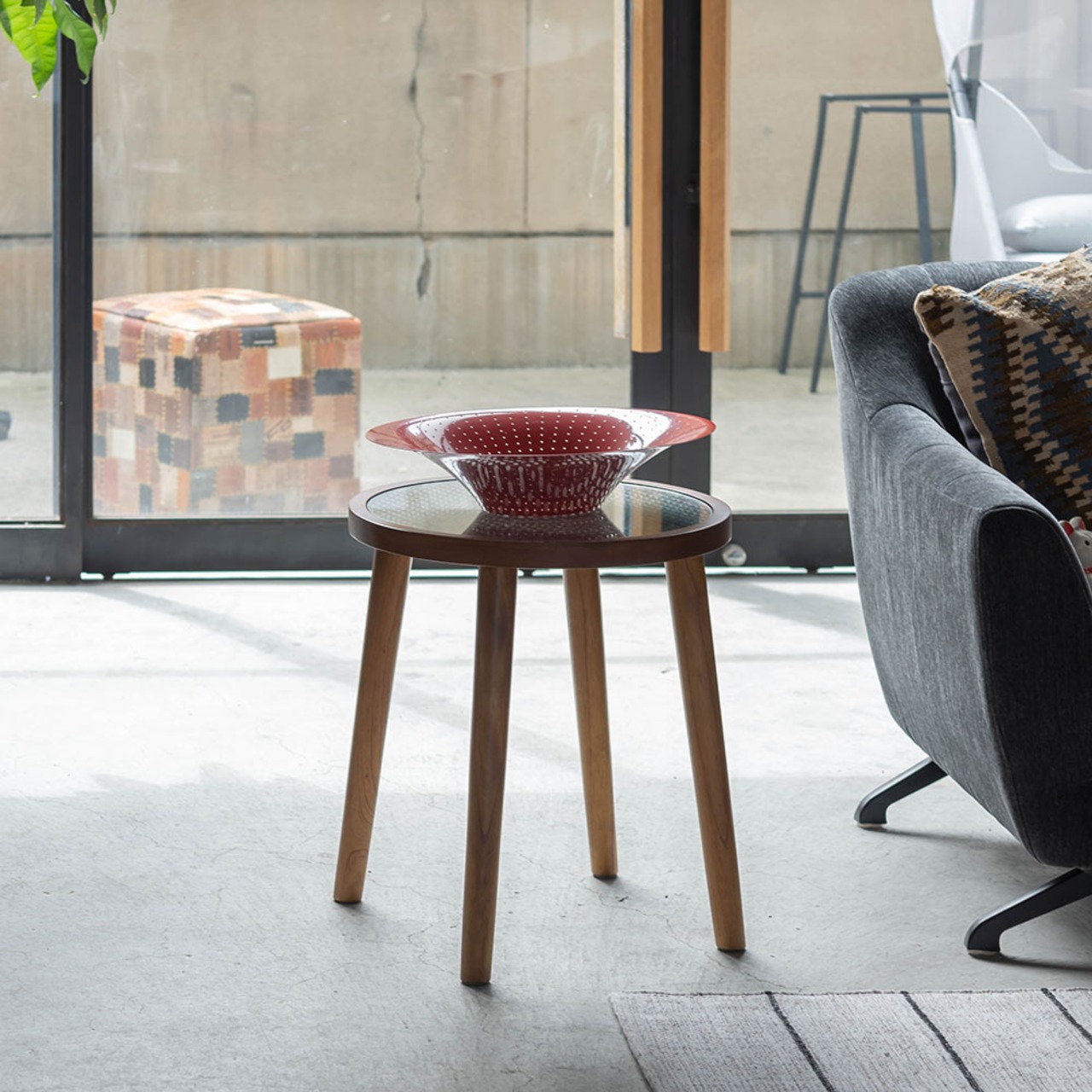 ラタン ラウンド ガラス テーブル S