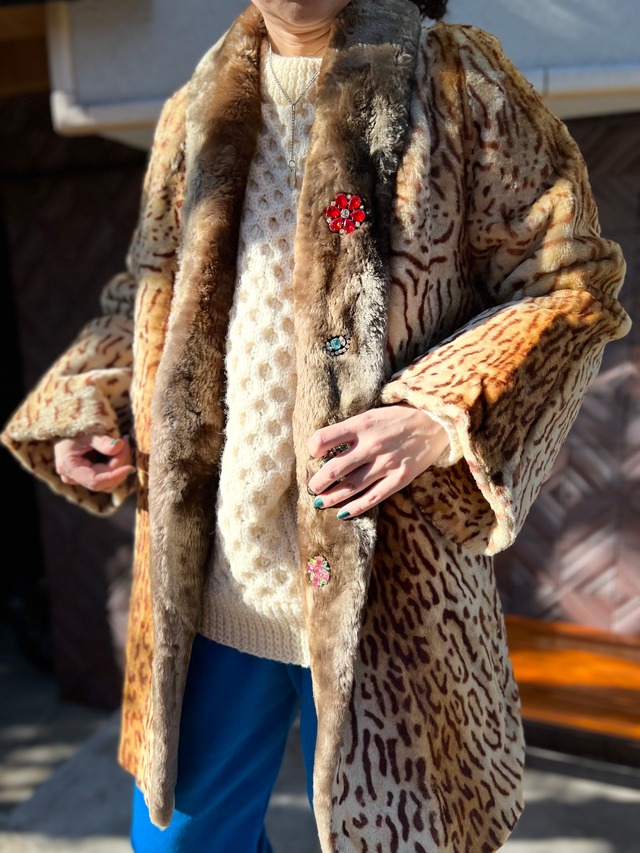 60s leopard mouton fur coat ( ヴィンテージ レオパード ムートン ファー コート )