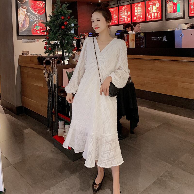 【新作】【送料無料】 マタニティウェア2020秋と冬の新しいシフォンフリンジVネックトレンディなママドレスミドル丈ドレス妊婦-アリババ オータム 秋物 ウィンター 冬物 expec262977766610