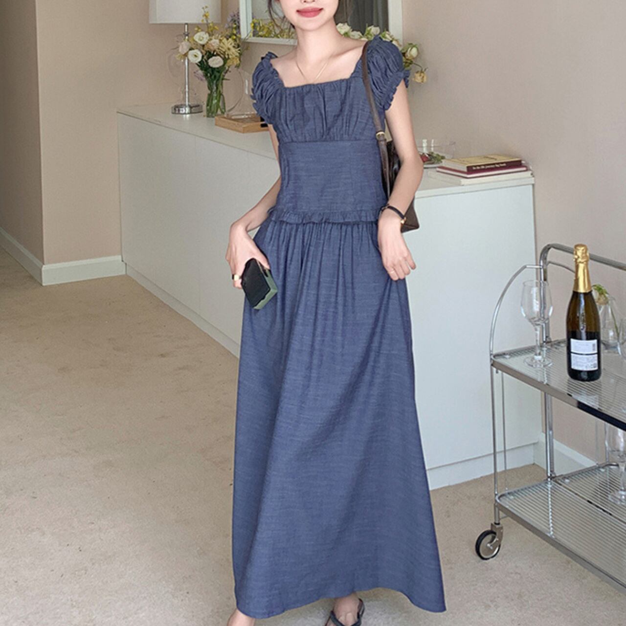 Blue puff sleeve top and skirt set S1350