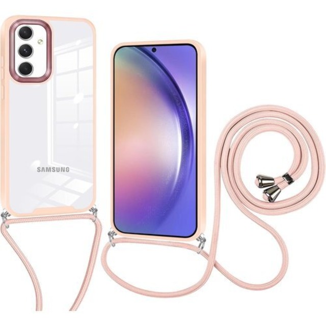 Galaxy S24 用 ケース クリア ショルダー ランヤード ネックストラップ 肩掛け 首かけ 斜めがけ ケース 縄掛け カバー 透明 耐衝撃 薄型 可愛い かわいい ギャラクシー s24 カバー PC+TPU スマホスケース 調節可能なネックレス 軽量 落下防止 Qi急速充電対応 Qi ワイヤレス充電対応 - ライトピンク 2848